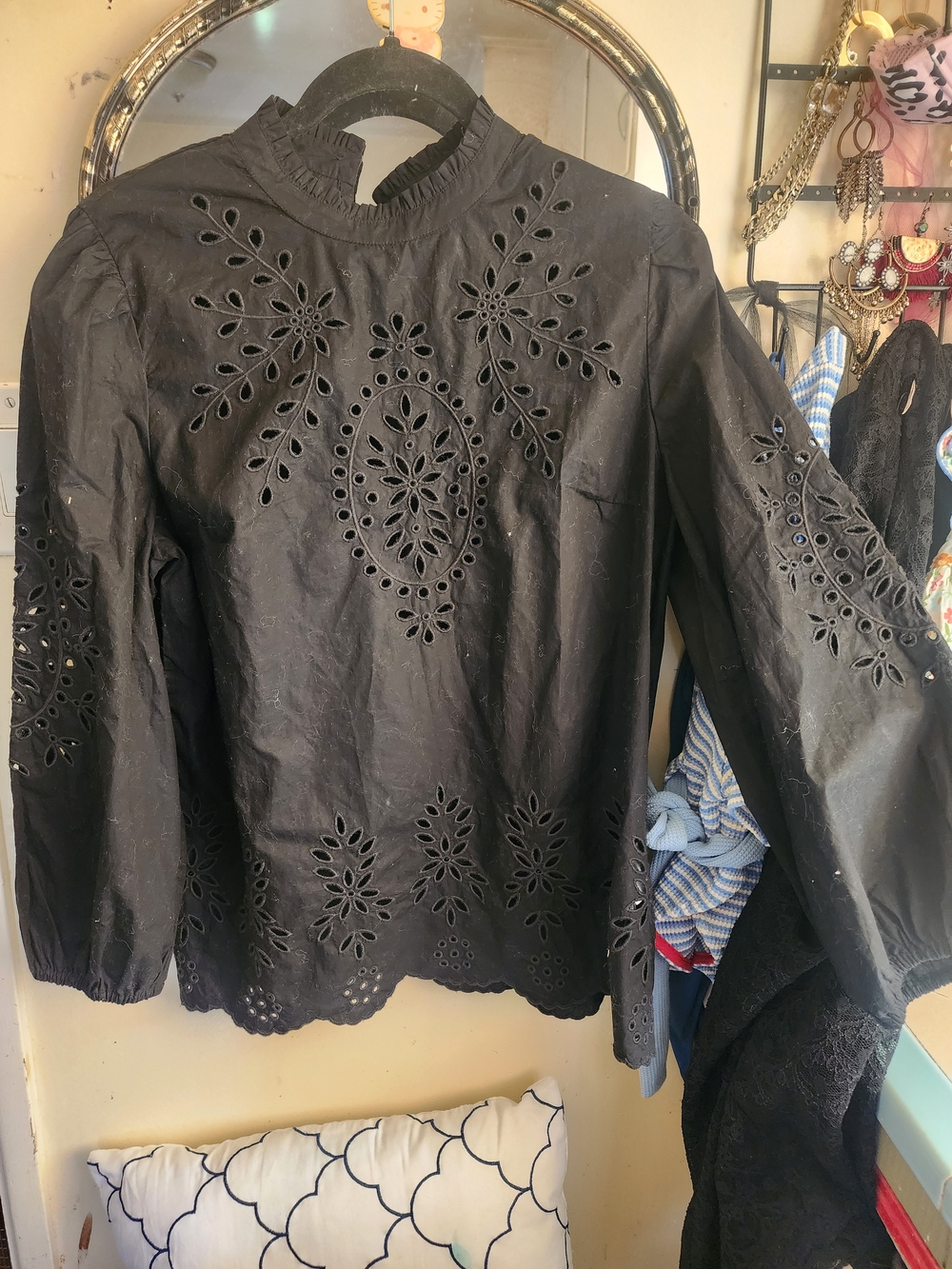 J. Crew Factory Black Eyelet Ruffled Mock Neck Blouse